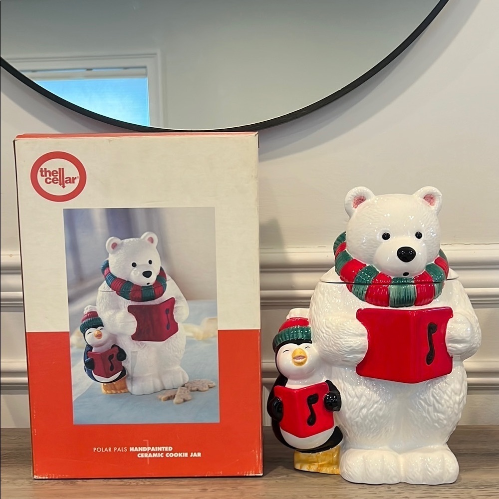 Vintage The Cellar Macys Holiday Polar Bear and Penguin Cookie Jar Treats Jar